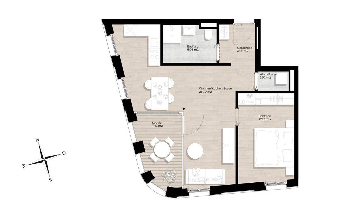 Grundriss einer Wohnung mit offenem Wohn-/Koch-/Essbereich, Schlafzimmer, Bad und Loggia.