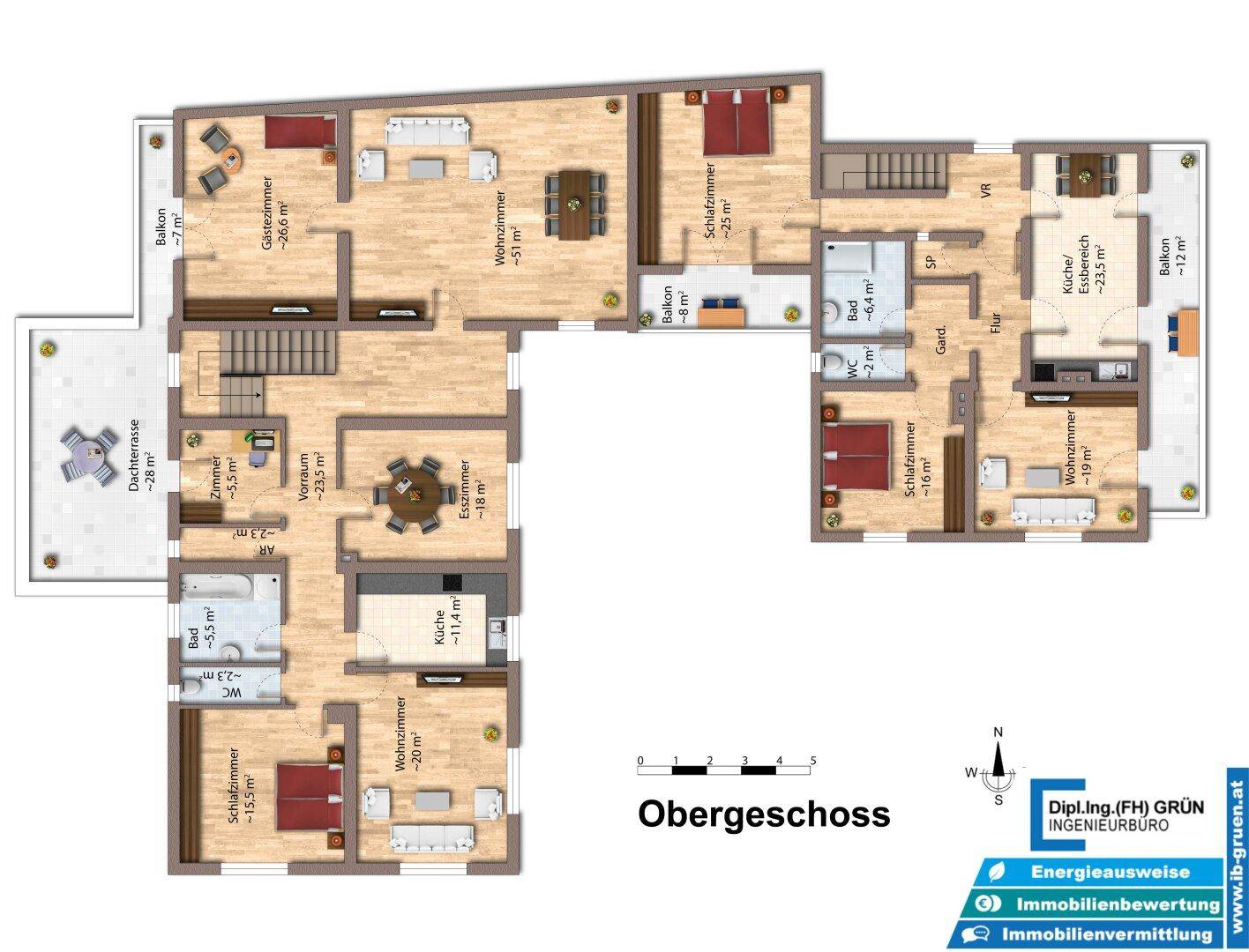 Grundriss des Obergeschosses mit mehreren Wohnungen, Balkonen und einer Dachterrasse.