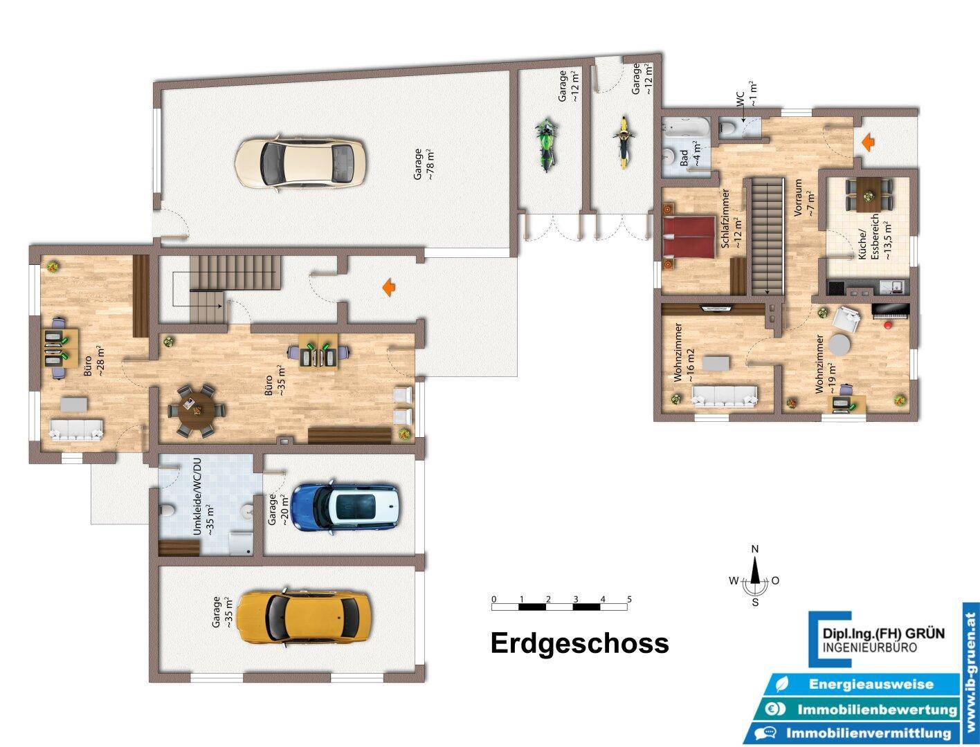Grundriss des Erdgeschosses mit Büros, Wohnbereichen und mehreren Garagen.