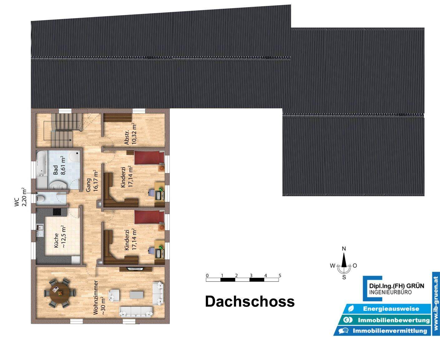 Grundriss des Dachgeschosses mit Wohnzimmer, Küche, Bad und Kinderzimmern.