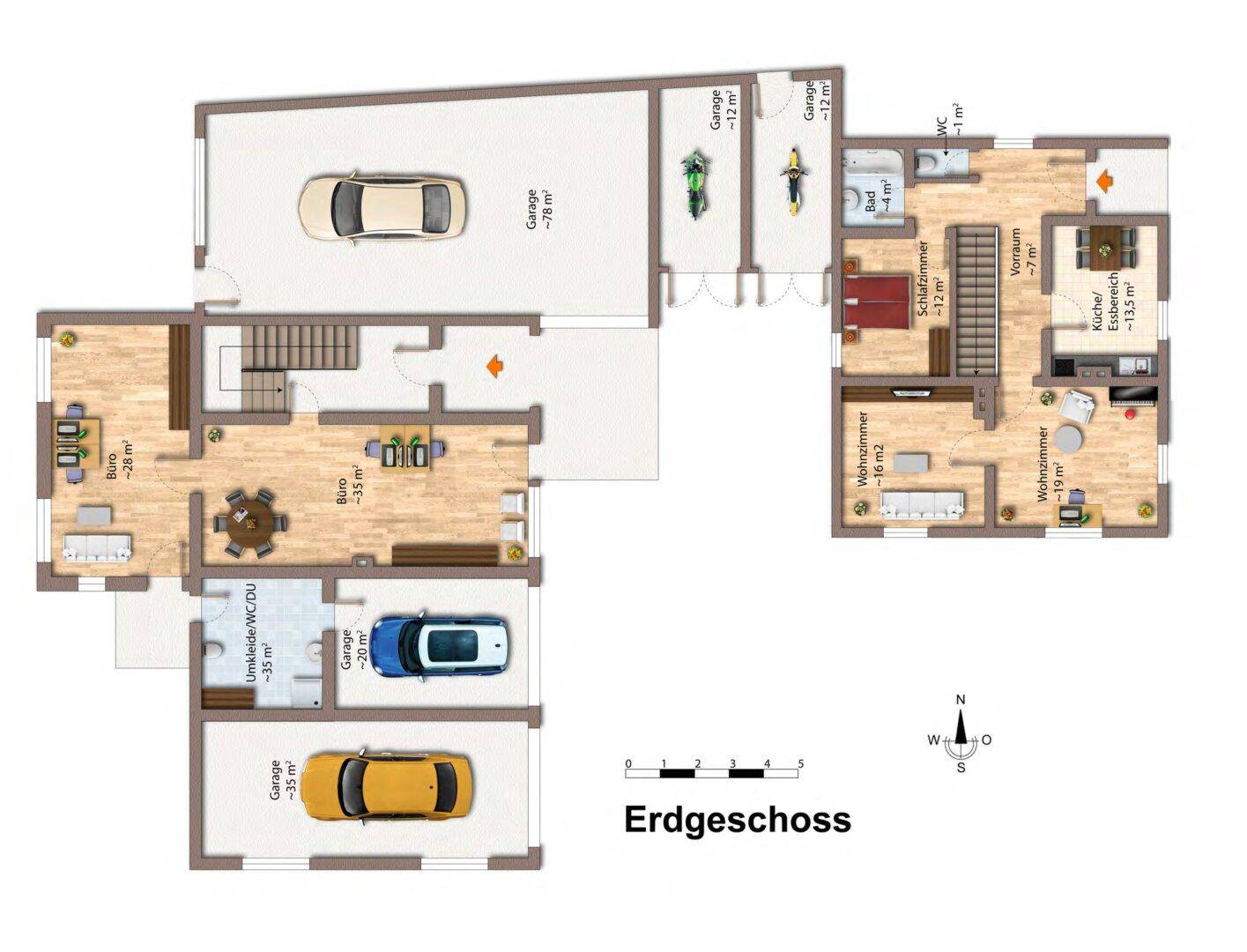 Grundriss des Erdgeschosses mit mehreren Garagen, Büros und offenem Wohnbereich.