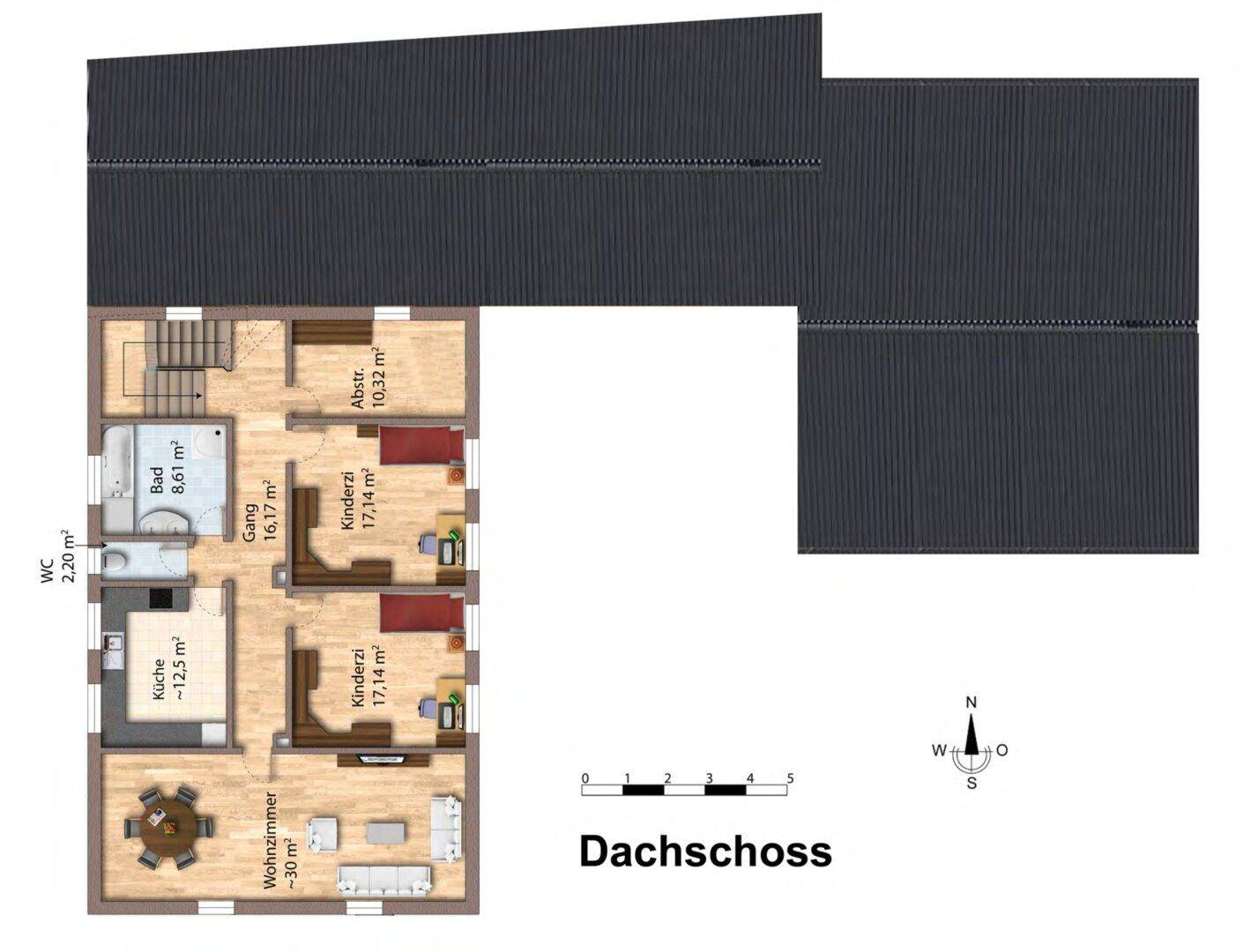 Grundriss des Dachgeschosses mit Wohnzimmer, Küche, Kinderzimmern und Bad unter Schrägdach.