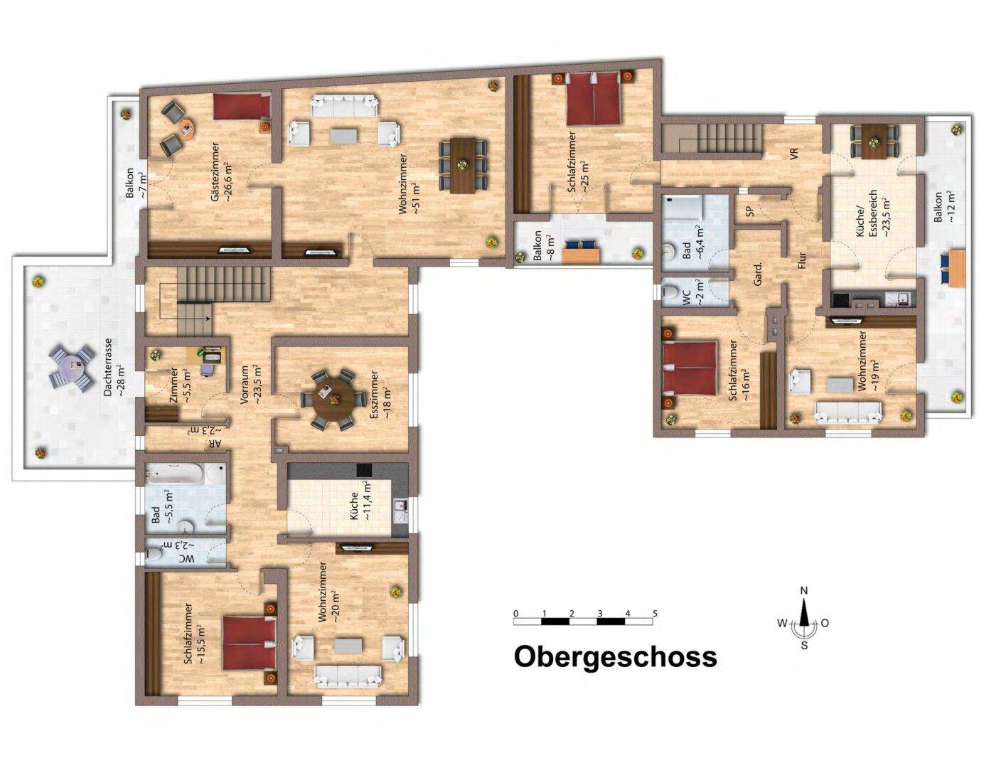 Grundriss des Obergeschosses mit Schlafzimmern, Wohnbereichen, Balkonen und Dachterrasse.