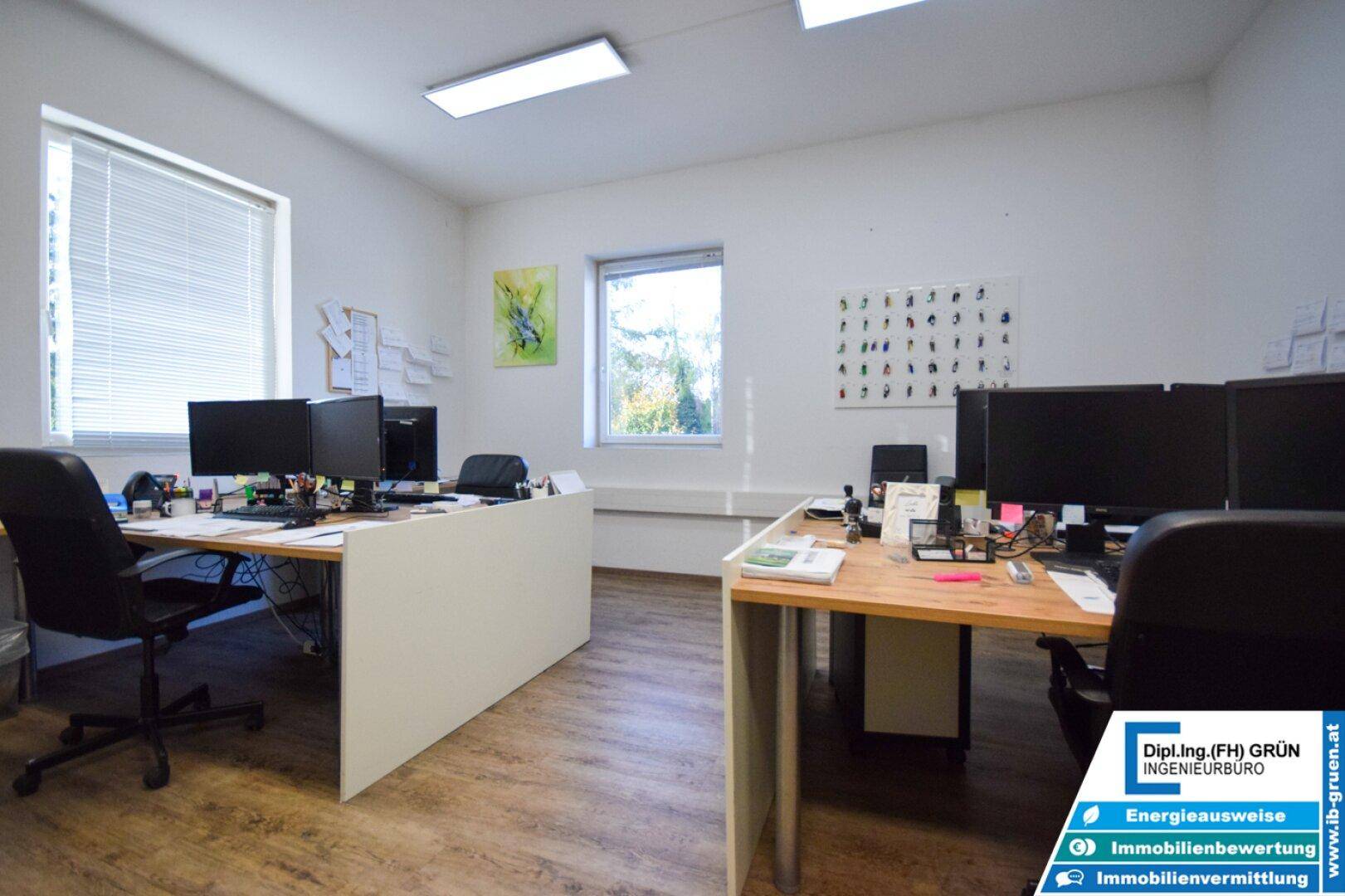 Offenes Büro mit Holzboden, mehreren Arbeitsplätzen und Blick ins Grüne durch die Fenster.