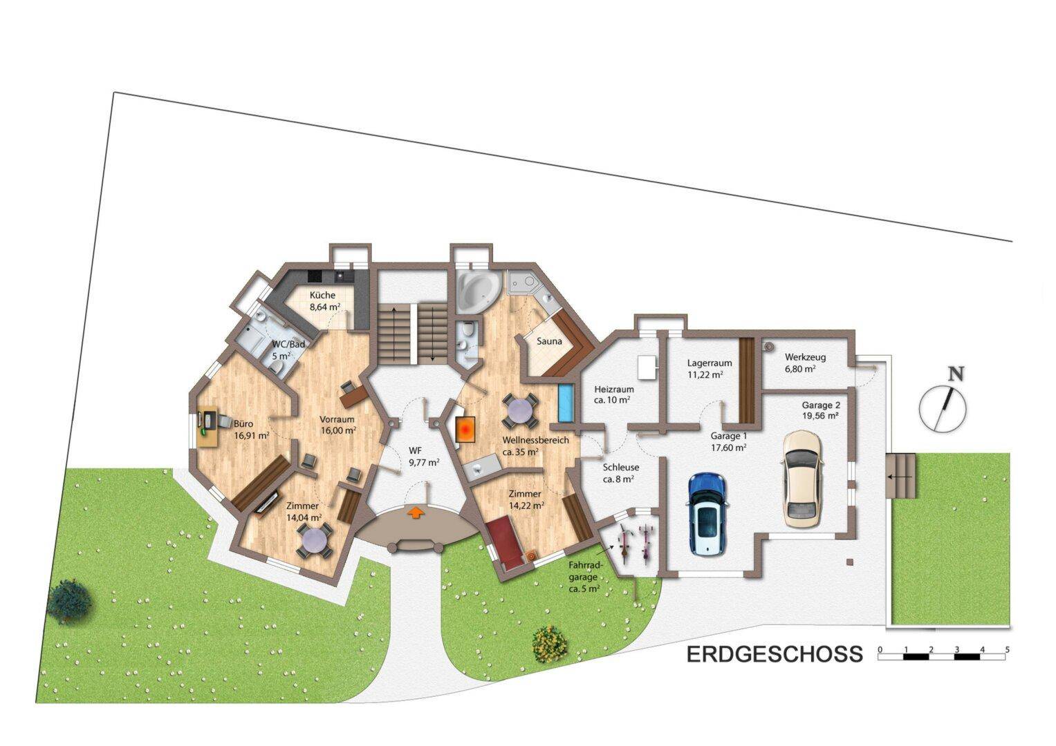 Grundriss des Erdgeschosses mit Garage, Wellnessbereich, Sauna und mehreren Zimmern.