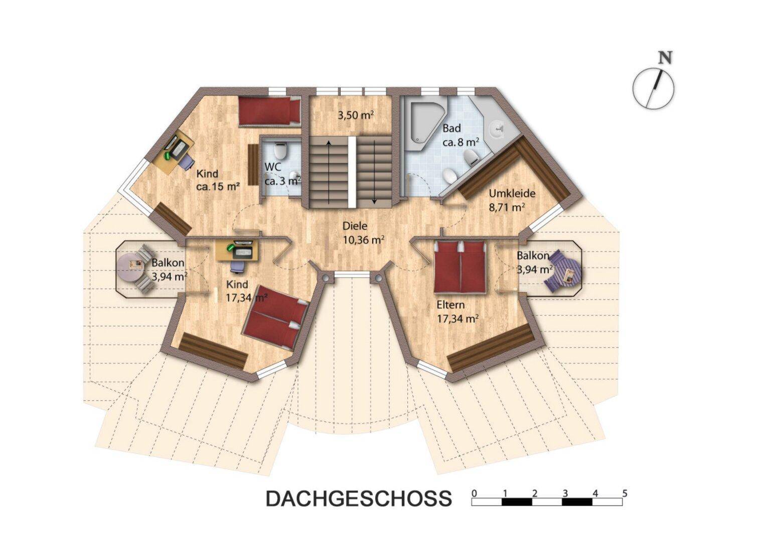 Grundriss des Dachgeschosses mit Schlafzimmern, Bad, WC, Ankleide und Balkonen.