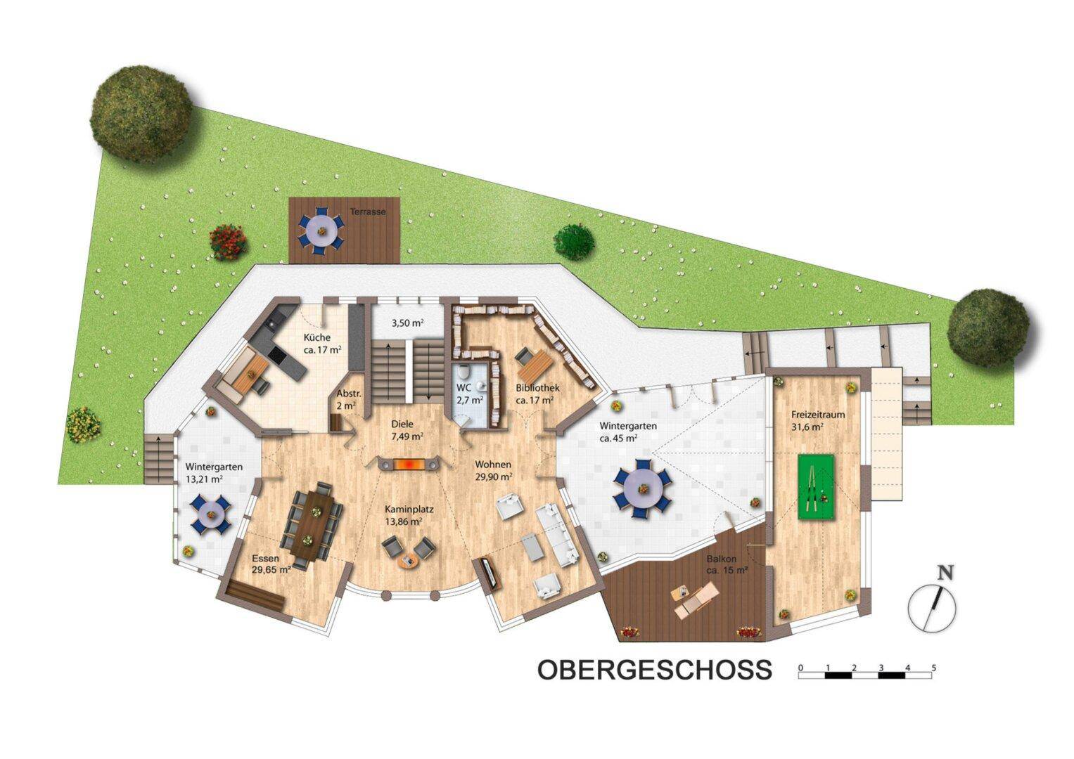 Grundriss des Obergeschosses mit offenem Wohn-Essbereich, Küche, Wintergärten und Balkon.