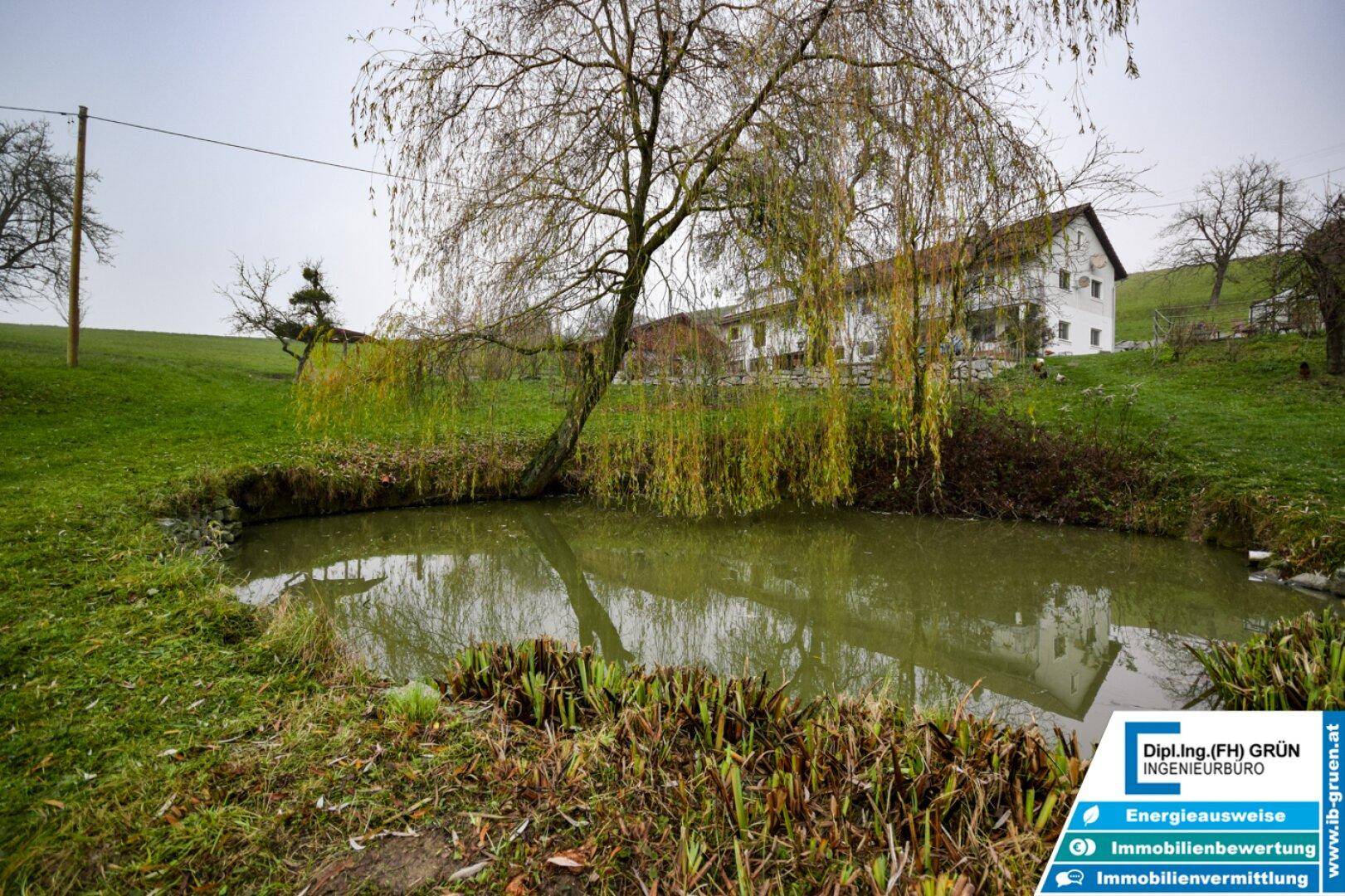 Ländliche Szenerie mit einem Teich im Vordergrund und einem Bauernhaus im Hintergrund.