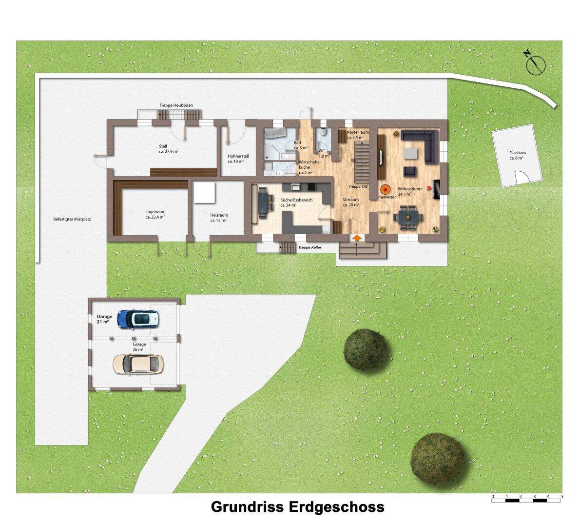 Grundriss des Erdgeschosses mit Wohnzimmer, Küche, Bad und Garage.