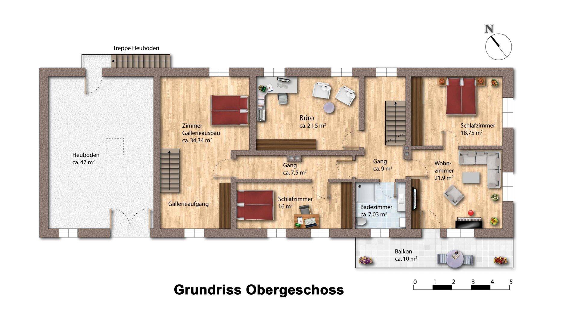 Grundriss des Obergeschosses mit Schlafzimmern, Büro und Balkon.