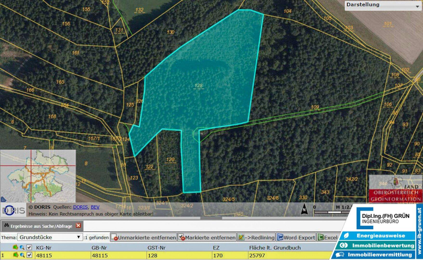 Katasterplan mit hervorgehobener Grundstücksfläche innerhalb eines Waldgebiets und Details.