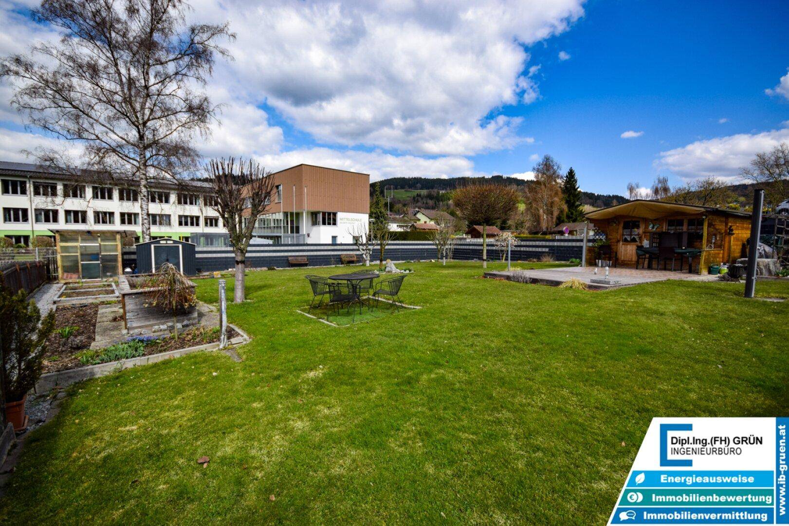 Weitläufiger Gartenbereich mit Rasenfläche, Hochbeeten und Blick auf die umliegende Bebauung.