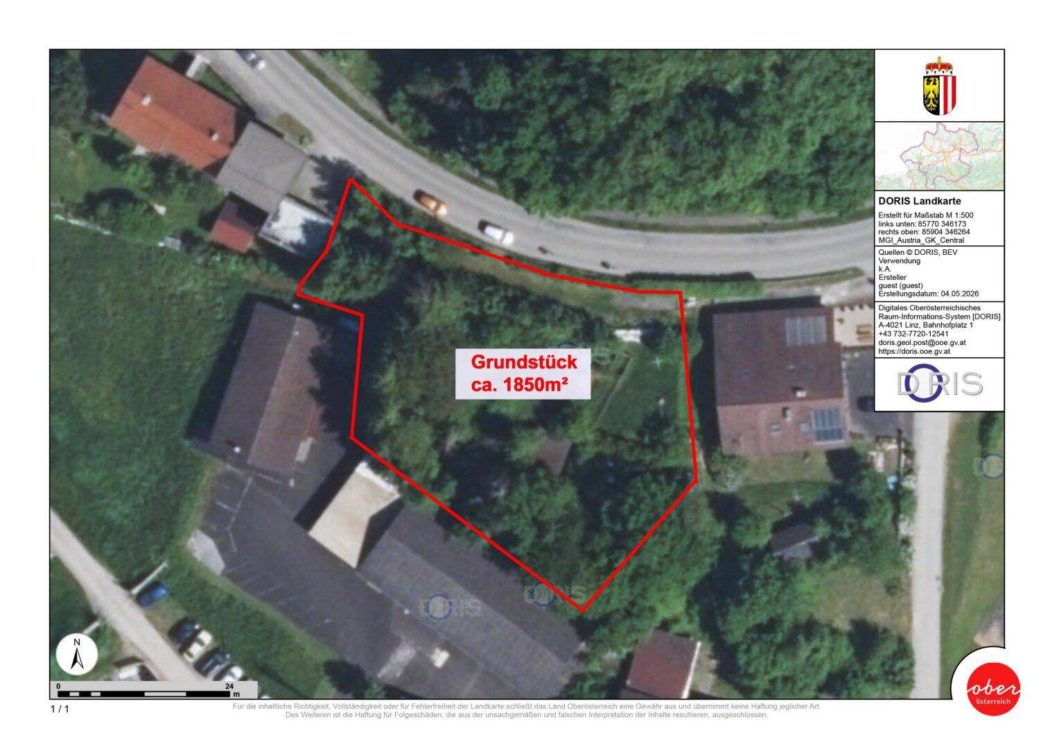 Katasterplan mit eingezeichnetem Grundstück von etwa 1850m² und umliegender Bebauung.