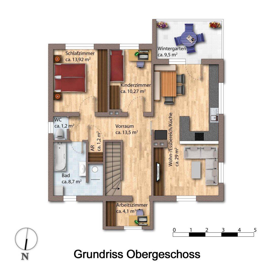 Grundriss des Obergeschosses mit Schlafzimmer, Kinderzimmer, Wohn-Essbereich und Wintergarten.