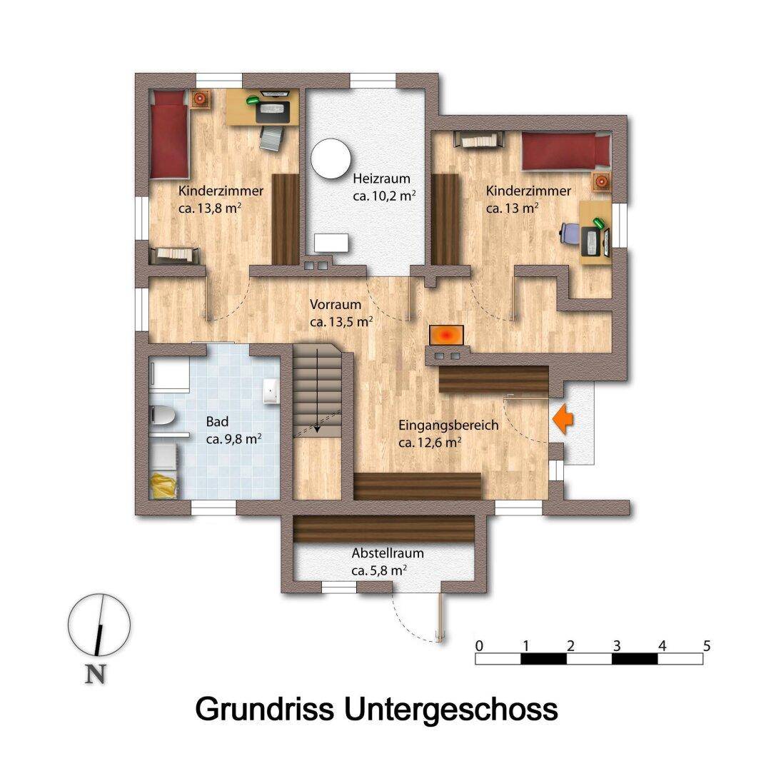 Grundriss des Untergeschosses mit zwei Kinderzimmern, Bad, Heizraum und Abstellraum.