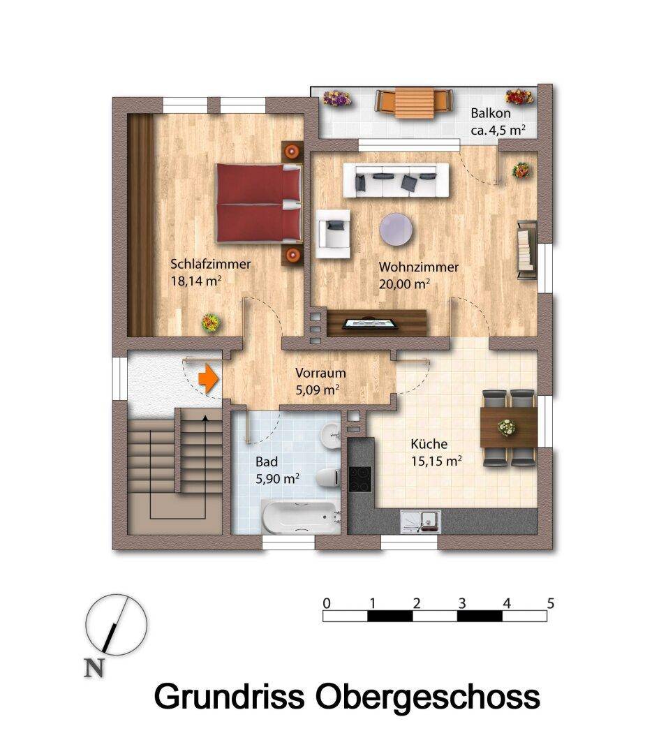 Grundriss des Obergeschosses mit Schlafzimmer, Wohnzimmer, Küche, Bad und Balkon.