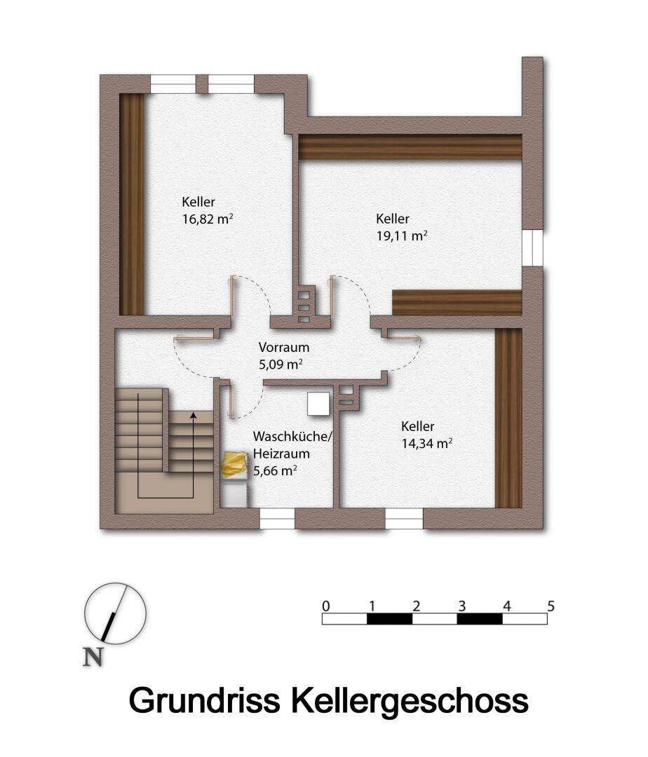 Grundriss des Kellergeschosses mit mehreren Kellerräumen, Waschküche und Heizraum.