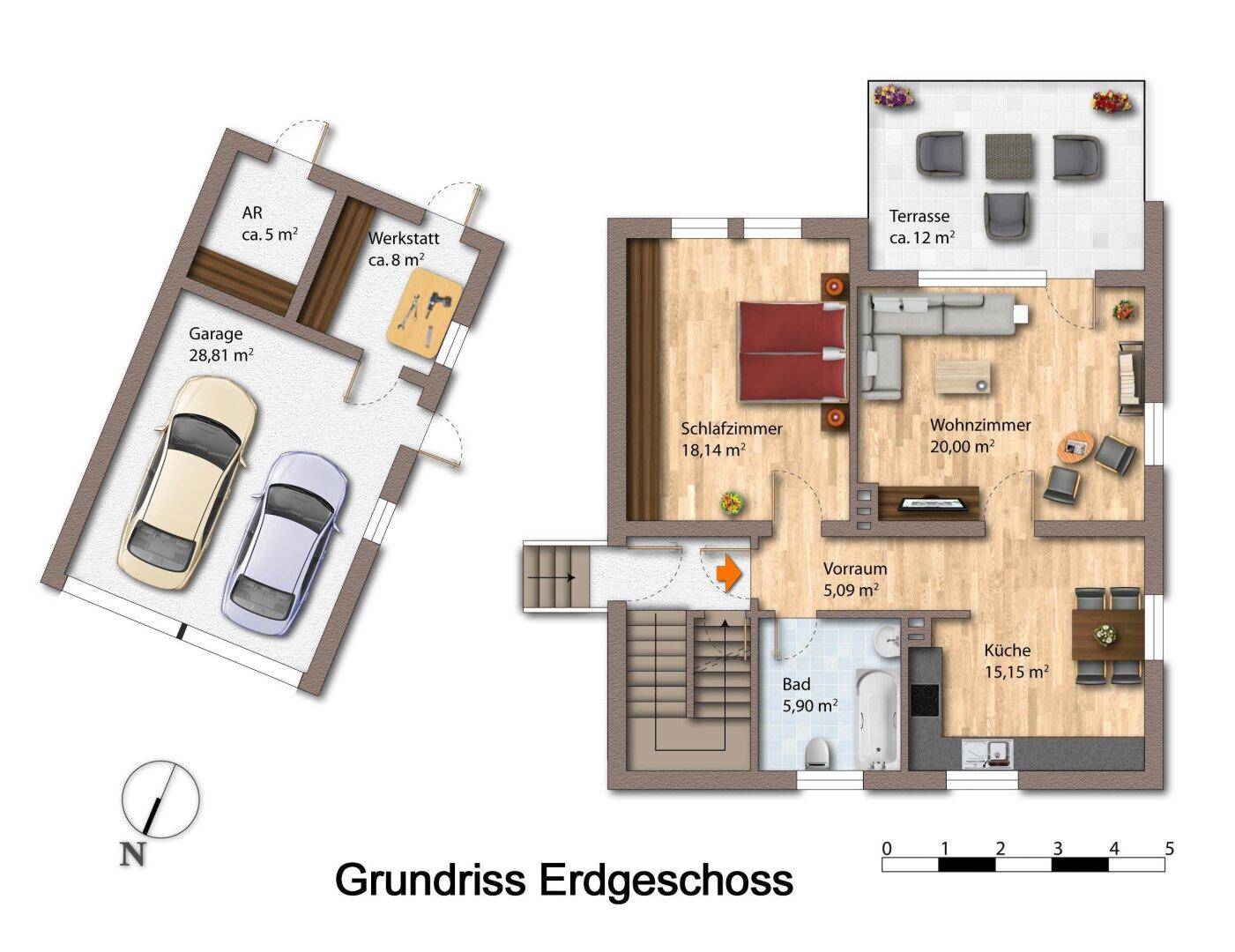 Grundriss des Erdgeschosses mit Wohnzimmer, Schlafzimmer, Küche und Terrasse.