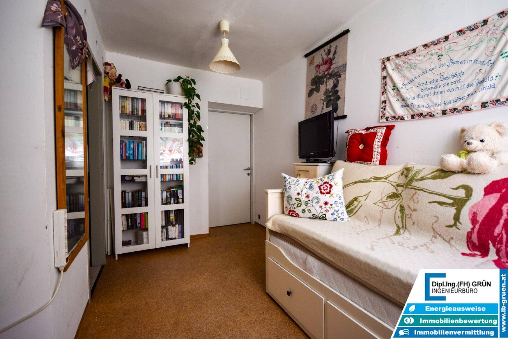 Gemütliches Zimmer mit Schlafsofa, Bücherregal und Fernseher, vielseitig nutzbar.