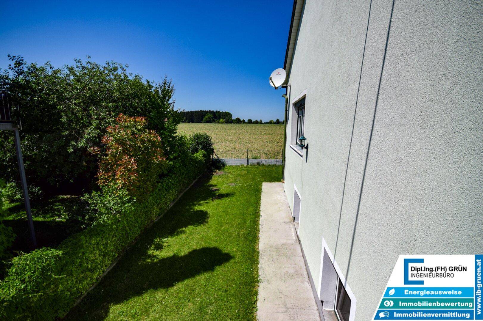 Seitenansicht des Hauses mit gepflegtem Rasen, hoher Hecke und Blick auf die Felder.