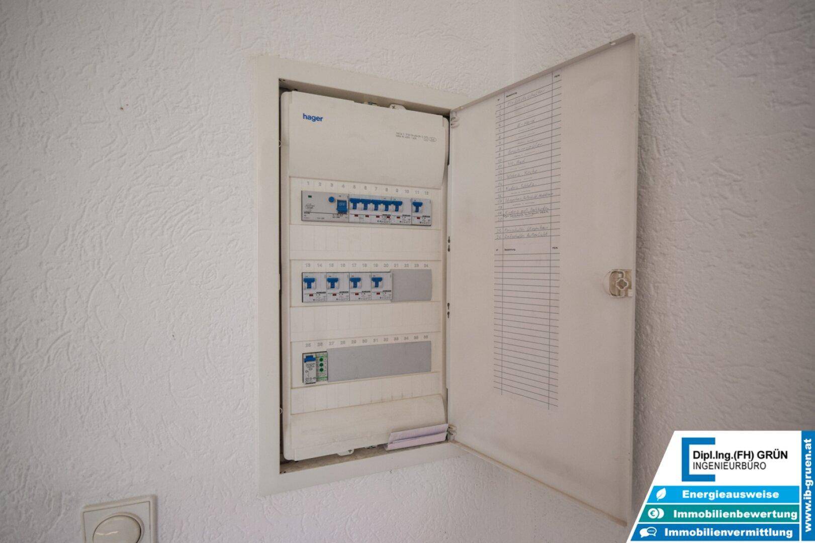 Offener Sicherungskasten in einem Innenraum, der die elektrische Installation zeigt.
