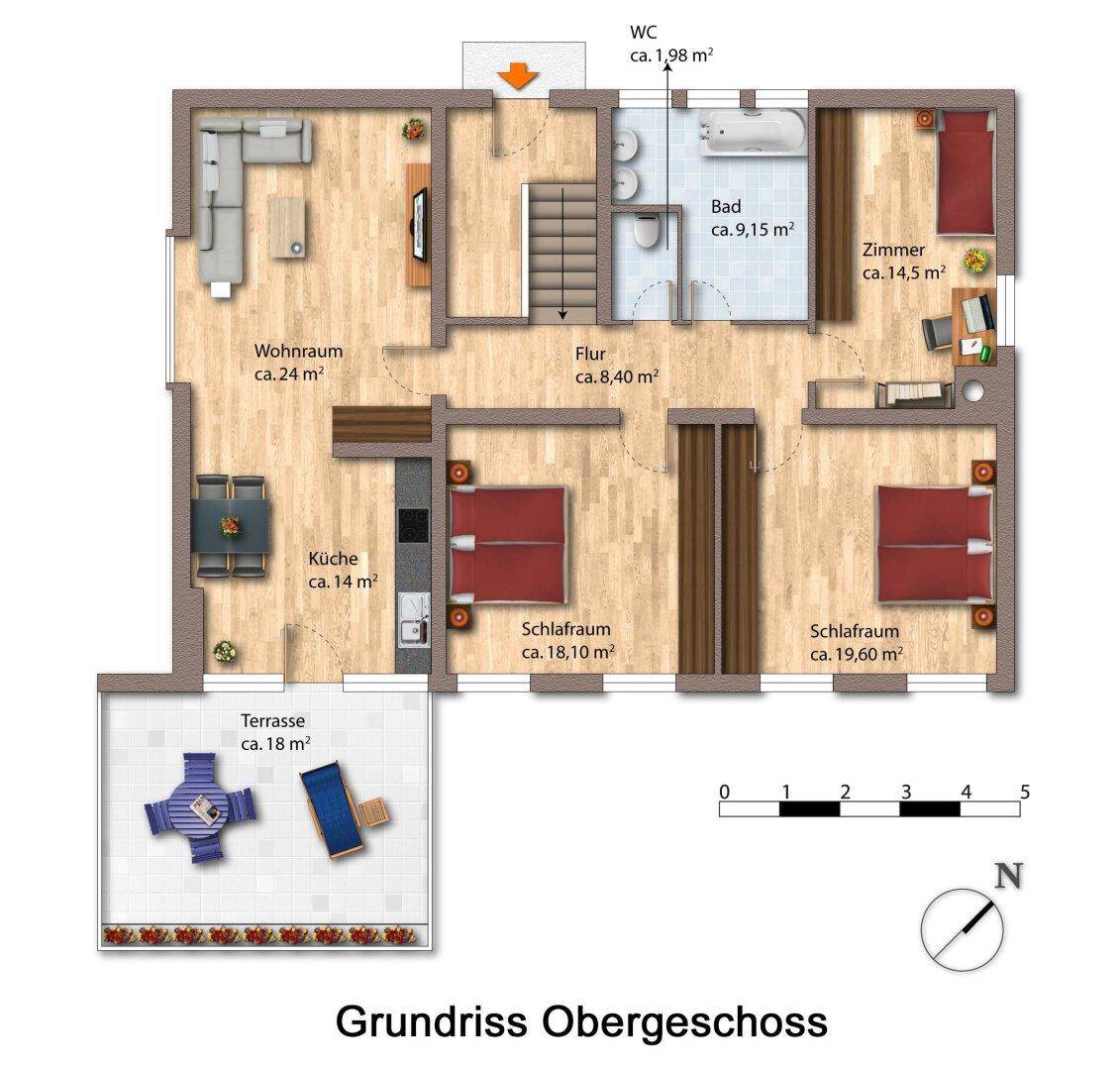 Grundriss des Obergeschosses mit Wohnraum, Küche, Schlafzimmern, Bad und Terrasse.