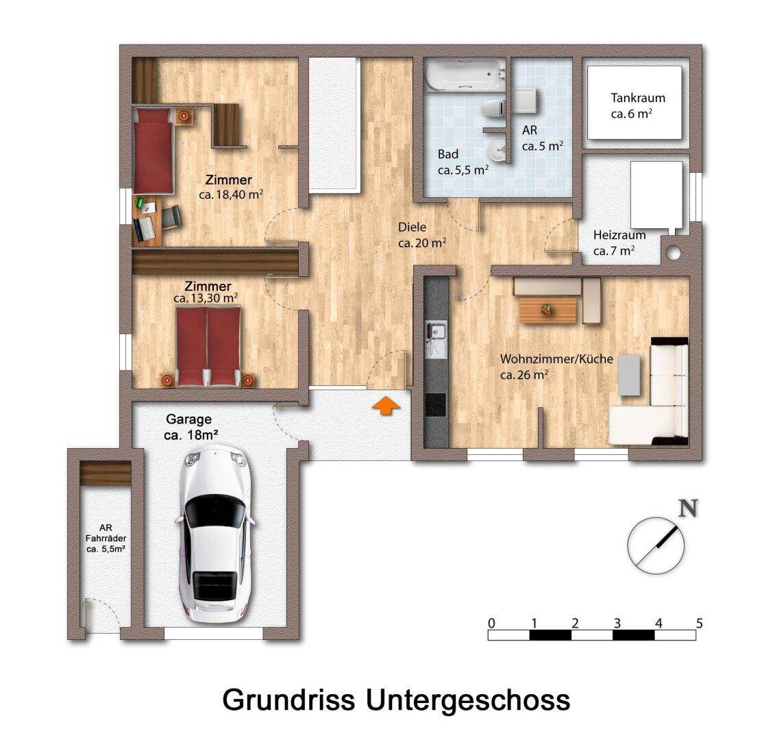 Grundriss des Untergeschosses mit Zimmern, Bad, Heizraum und Garage.