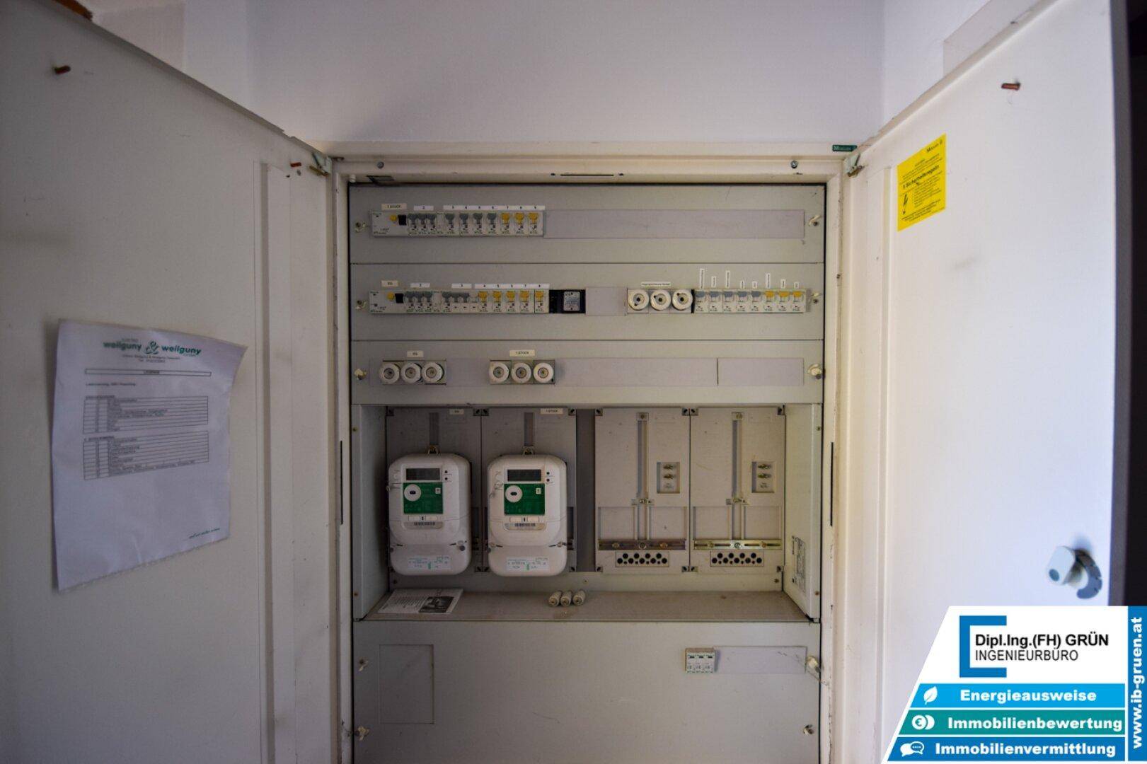 Elektrischer Verteilerkasten mit Zählern und Sicherungen in einem Technikraum.