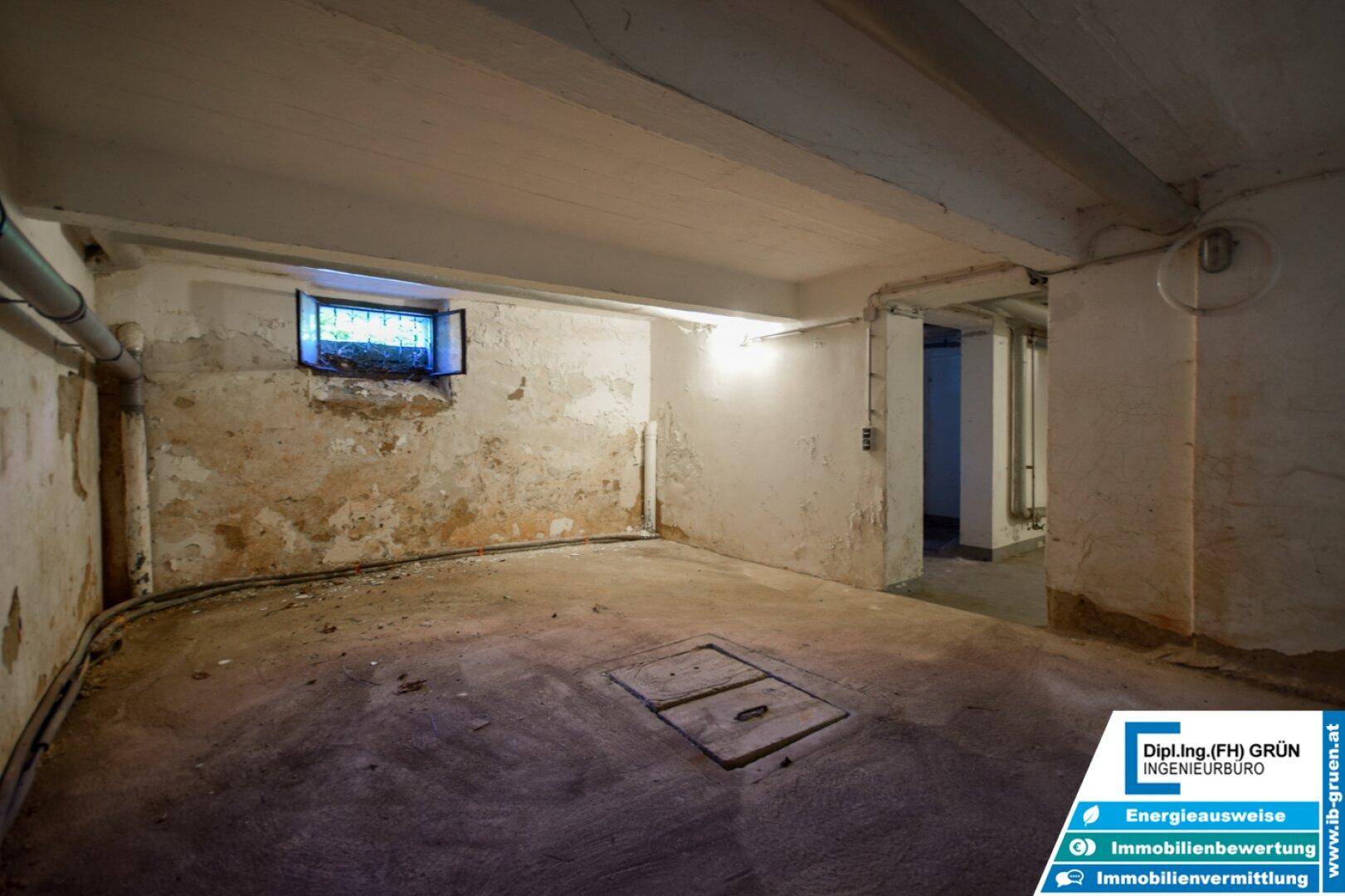 Großer Kellerraum mit Betonboden, kleinen Fenstern und unverputzten Wänden.