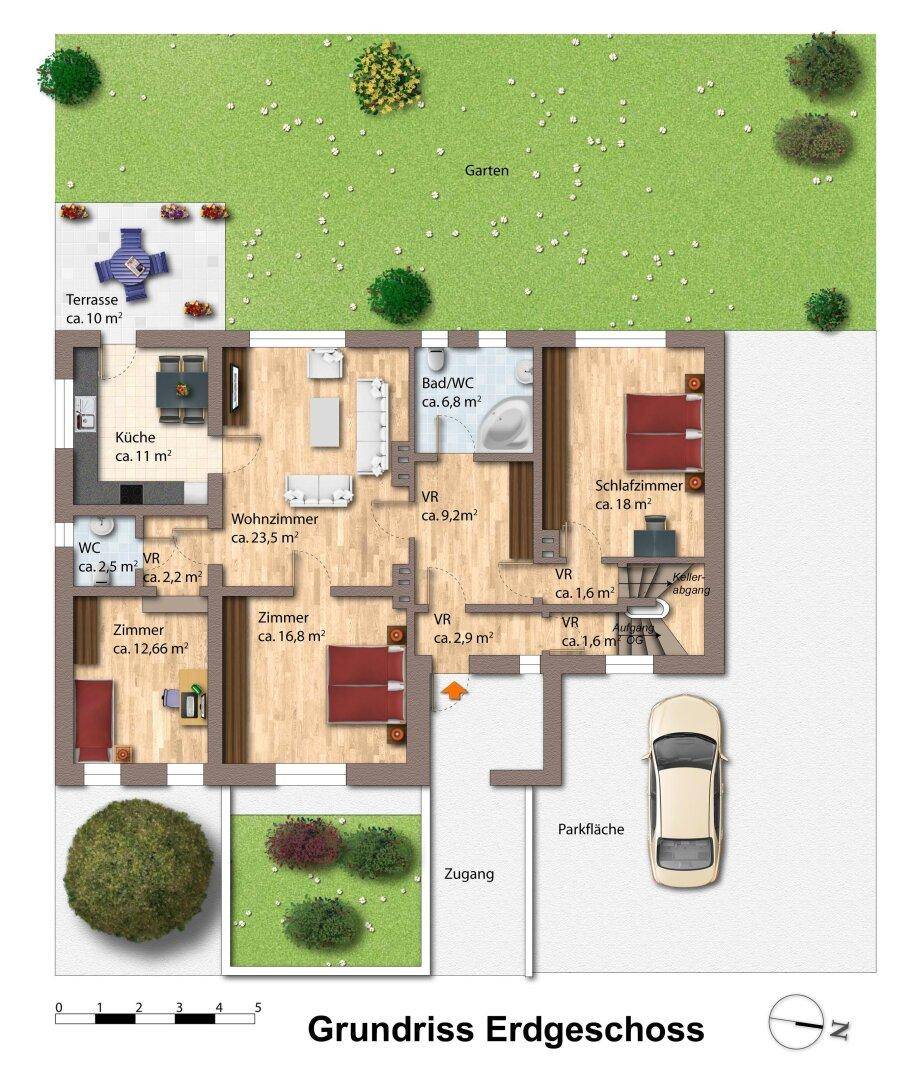 Grundriss des Erdgeschosses mit Küche, Wohnzimmer, Schlafzimmern, Bad und direktem Gartenzugang.
