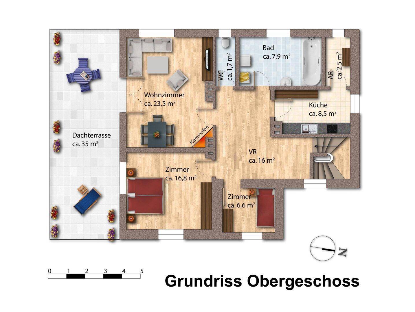 Grundriss des Obergeschosses mit Wohnbereich, Küche, Schlafzimmern und großer Dachterrasse.