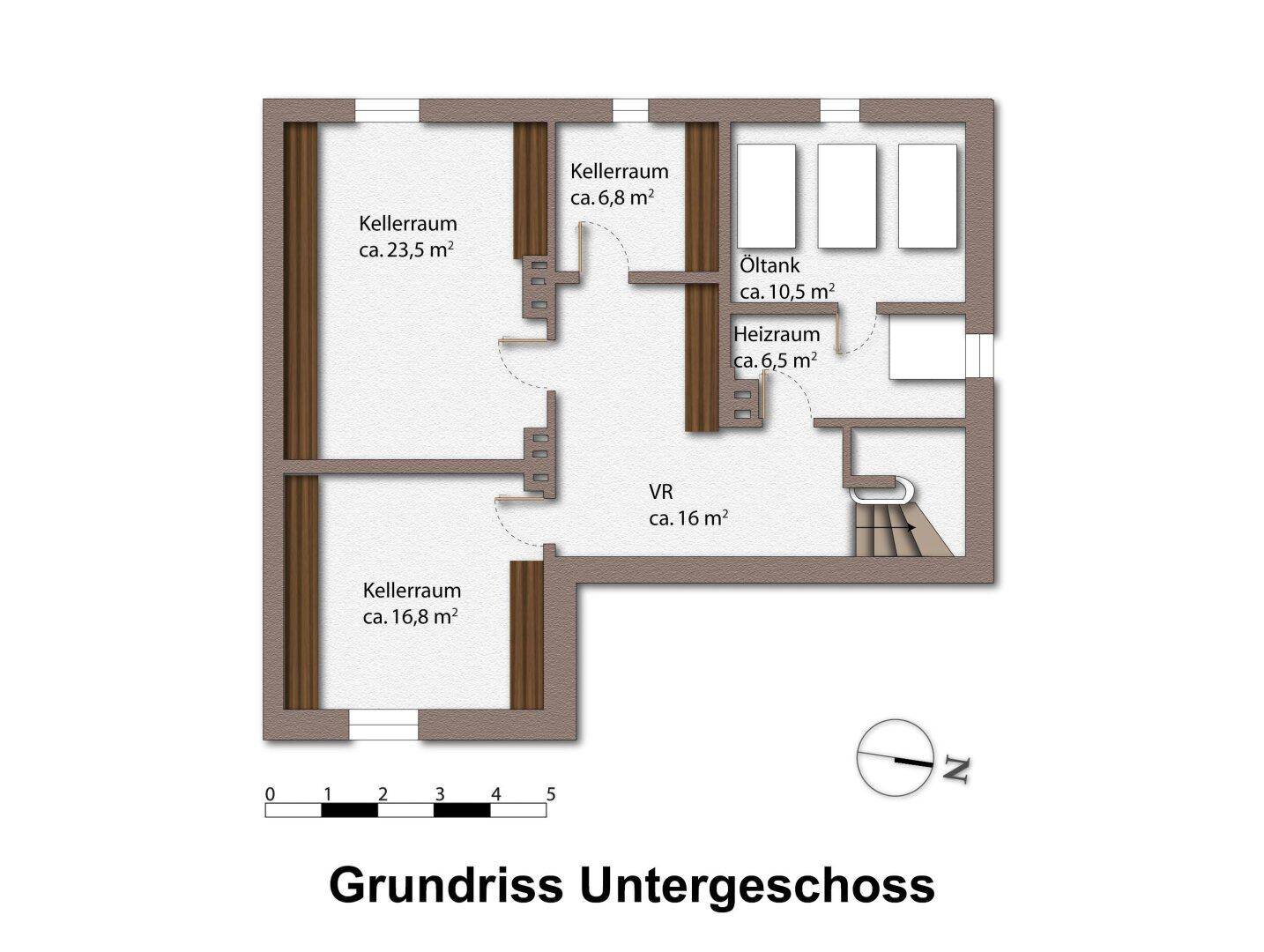 Grundriss des Untergeschosses mit mehreren Kellerräumen, Heizraum und Öltanklagerung.