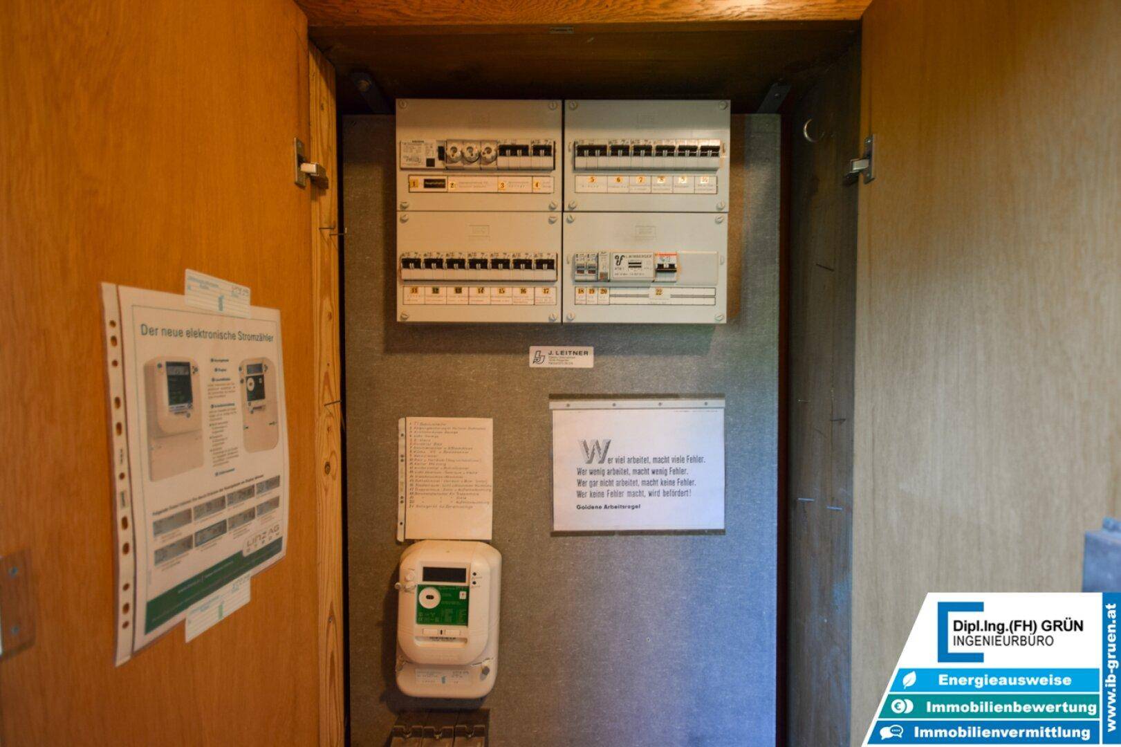 Elektrischer Sicherungskasten und Zähler in einem Hauswirtschaftsraum, funktional und ordentlich.