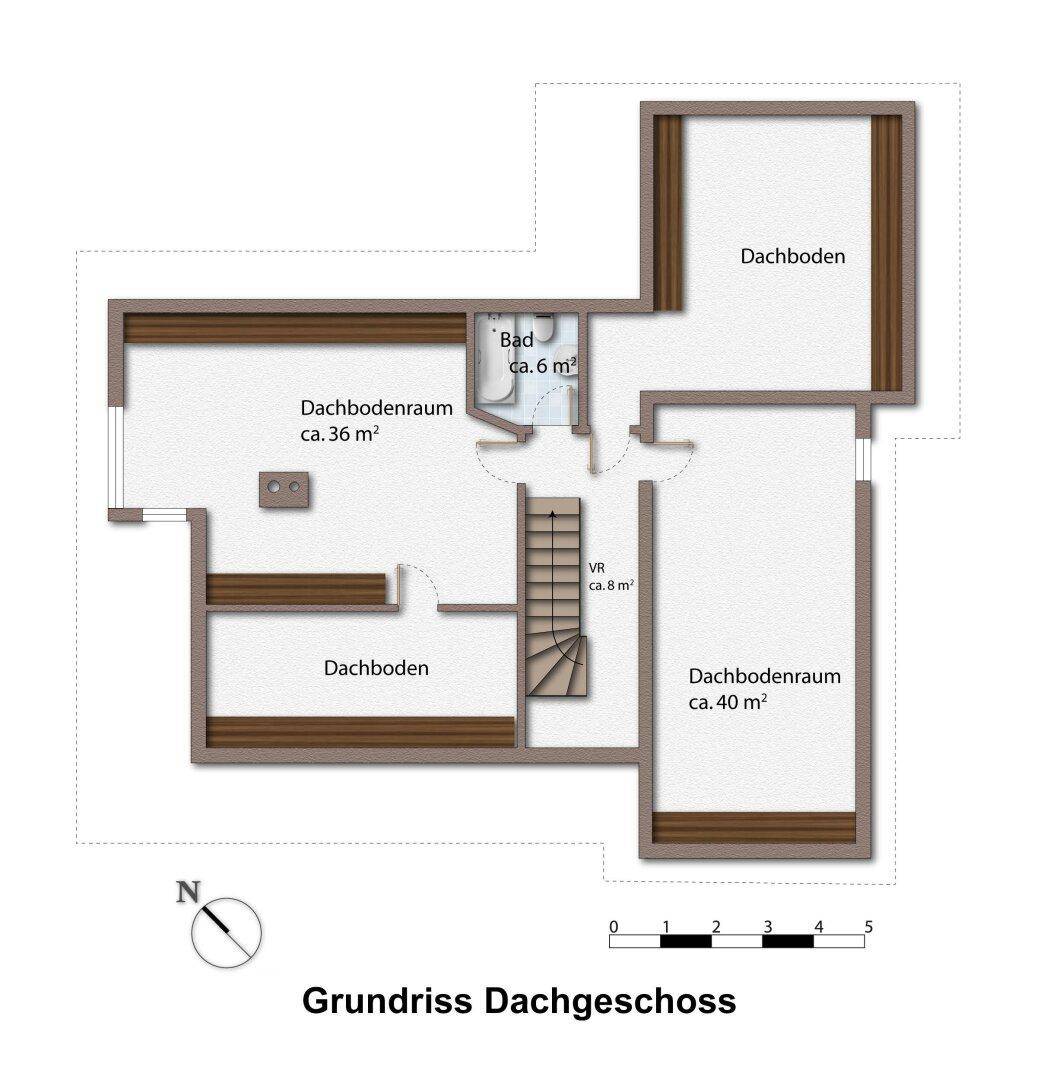Grundriss des Dachgeschosses mit Dachbodenräumen und einem kleinen Bad.