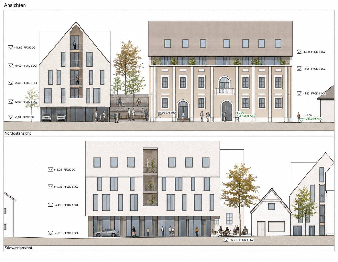 Architektonische Ansichten der beiden Gebäude, die Nordost- und Südwestfassaden zeigen.