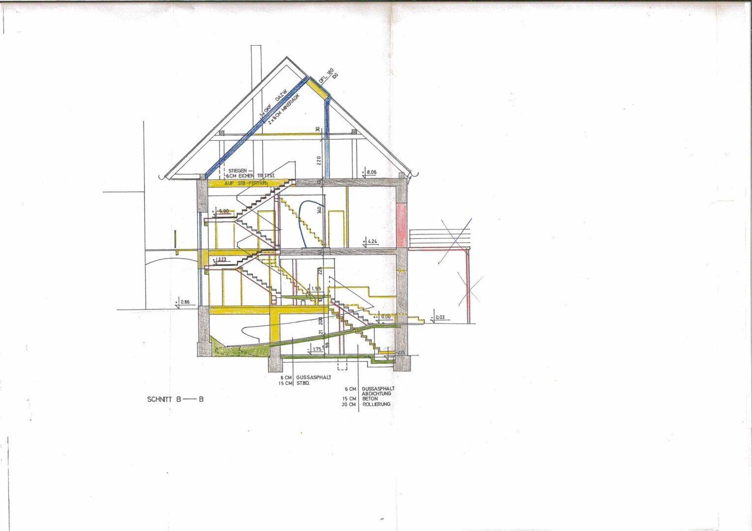 Architektonischer Schnitt des Gebäudes mit Darstellung der Treppen und Geschosse.