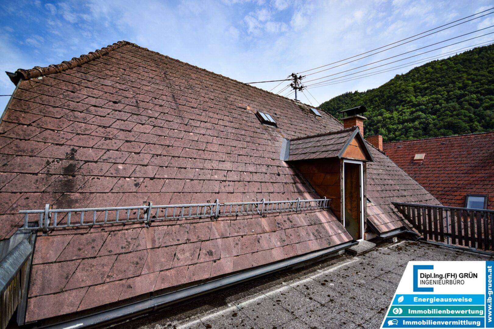 Detailansicht eines alten Ziegeldaches mit Schornstein, Dachfenstern und einer Dachleiter vor grünen Hügeln.