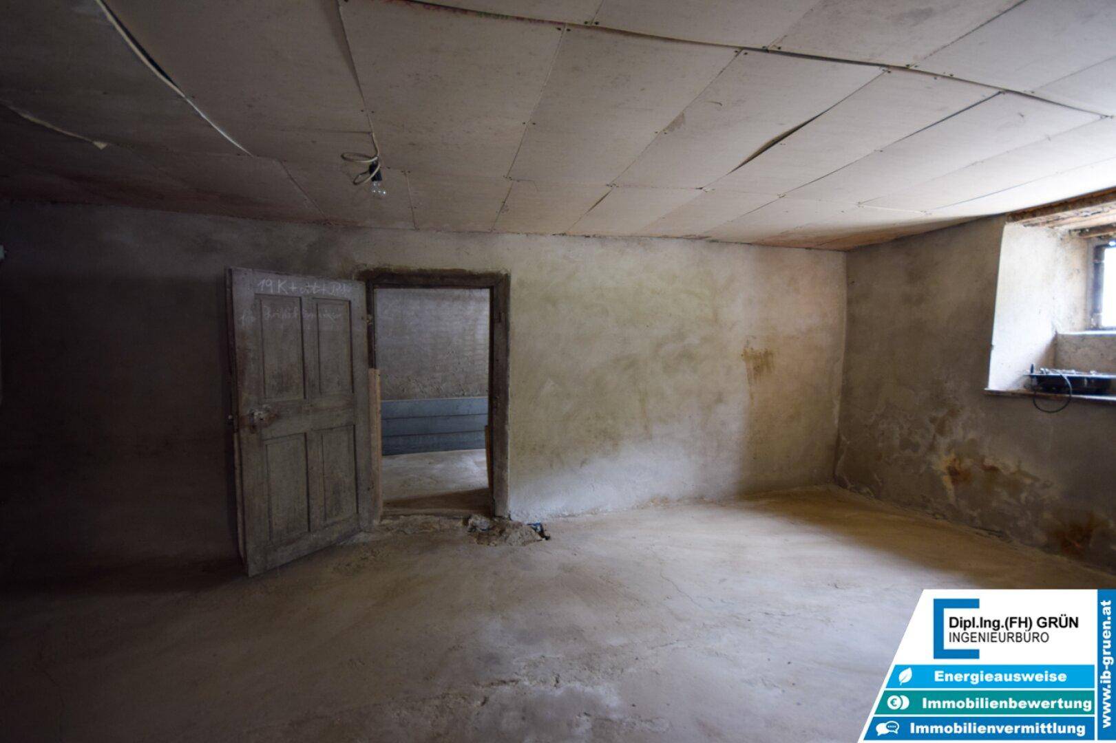 Kellerraum mit einfacher Tür, einem Fenster und unverputzten Wänden, die Renovierungsbedarf zeigen.