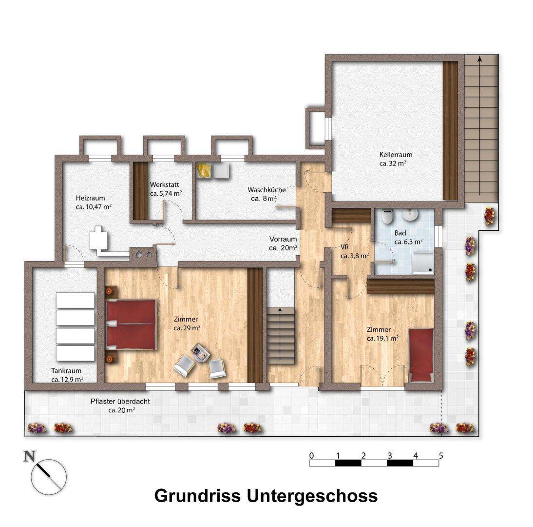 Grundriss des Untergeschosses mit Kellerräumen, Waschküche und weiteren Zimmern.