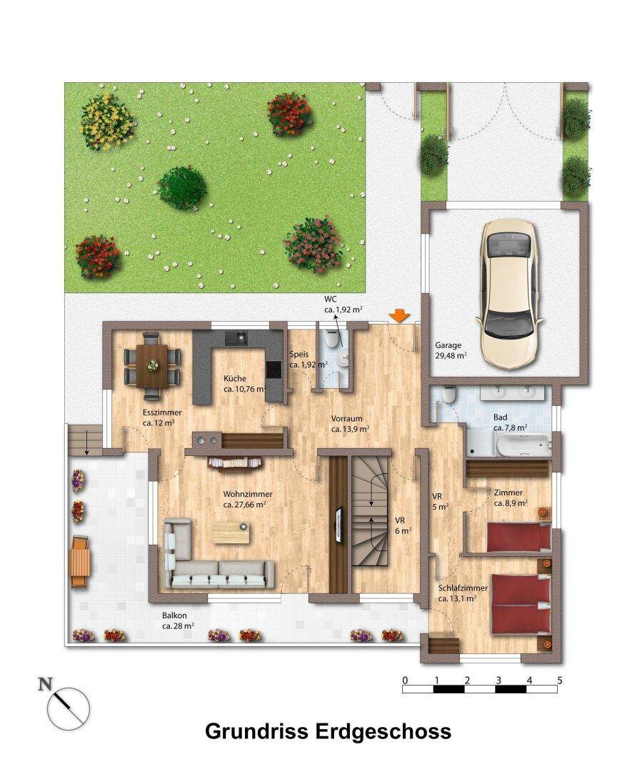 Grundriss des Erdgeschosses mit Wohnzimmer, Küche, Esszimmer, Balkon und Garage.