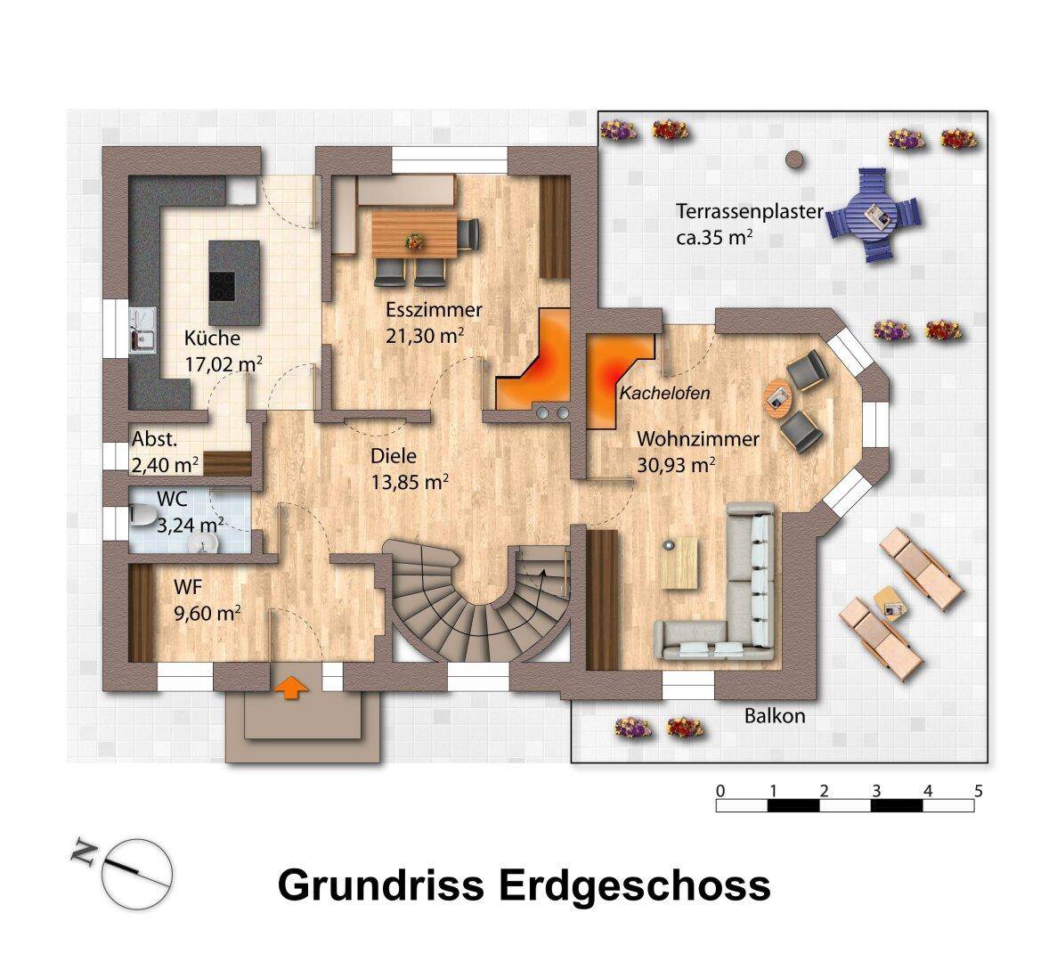 Grundriss des Erdgeschosses mit Küche, Esszimmer, Wohnzimmer und großer Terrasse.