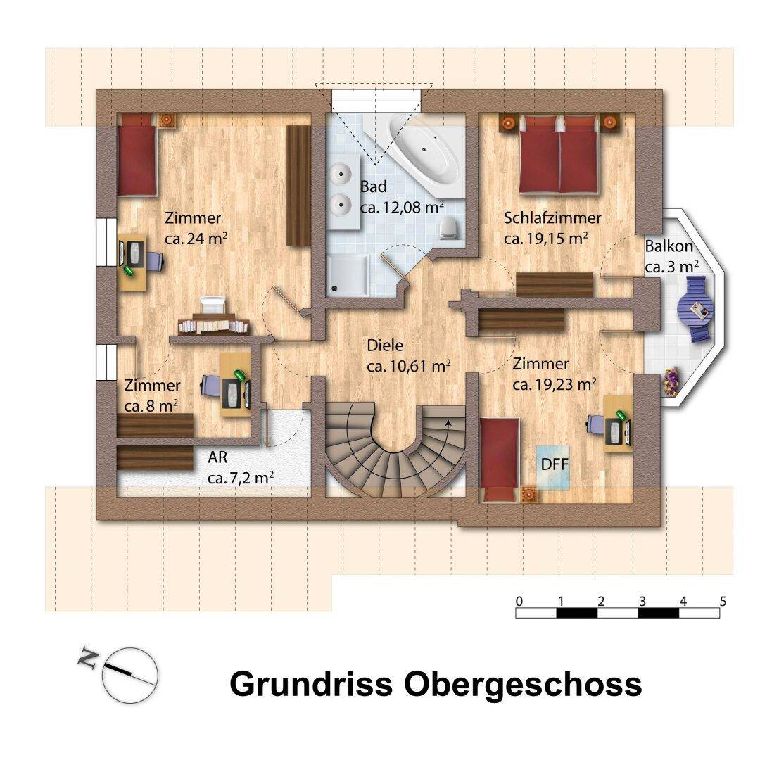 Grundriss des Obergeschosses mit mehreren Schlafzimmern, Bad und Balkon.