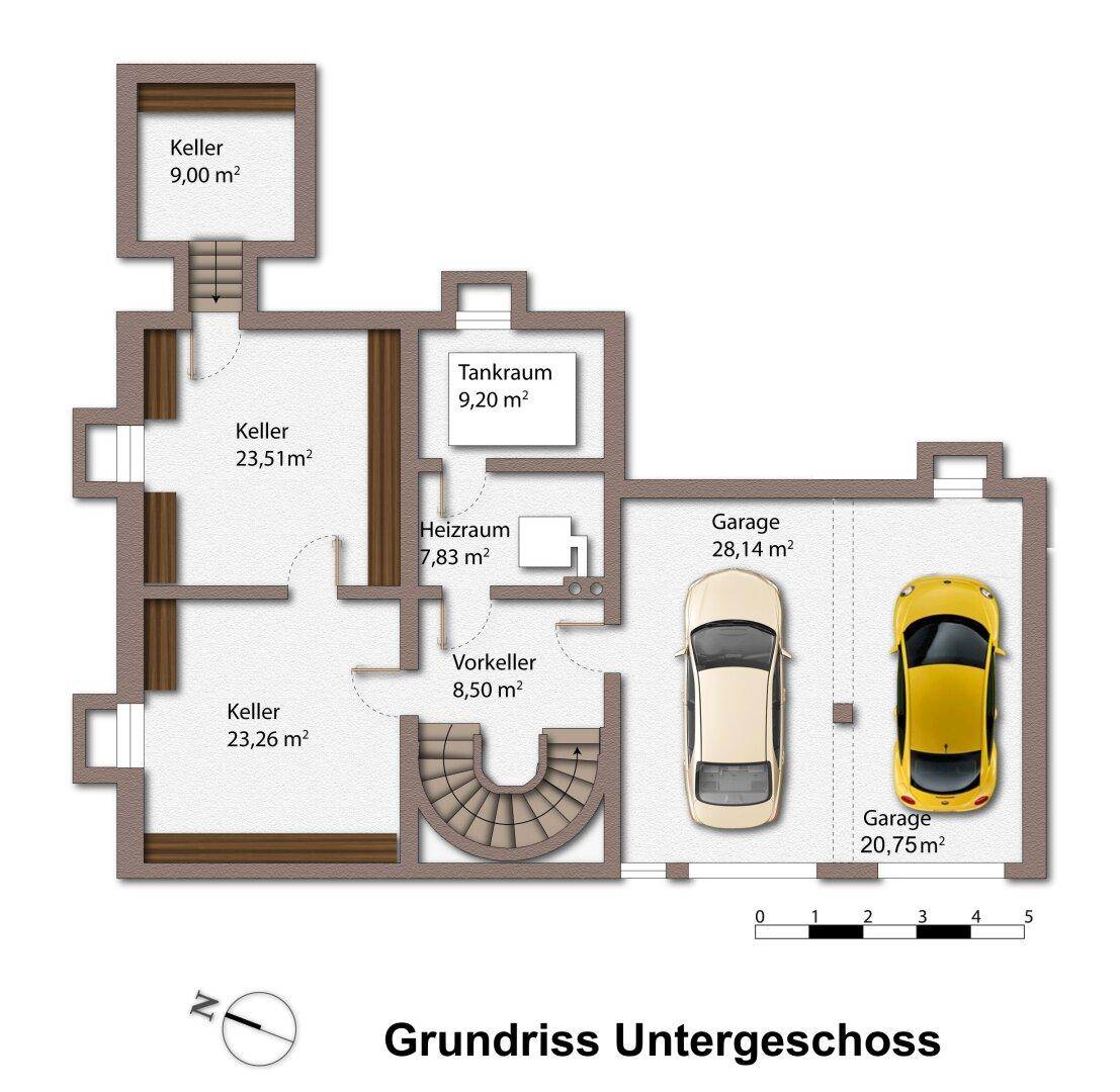 Grundriss des Untergeschosses mit Kellerräumen, Heizraum und zwei Garagen.