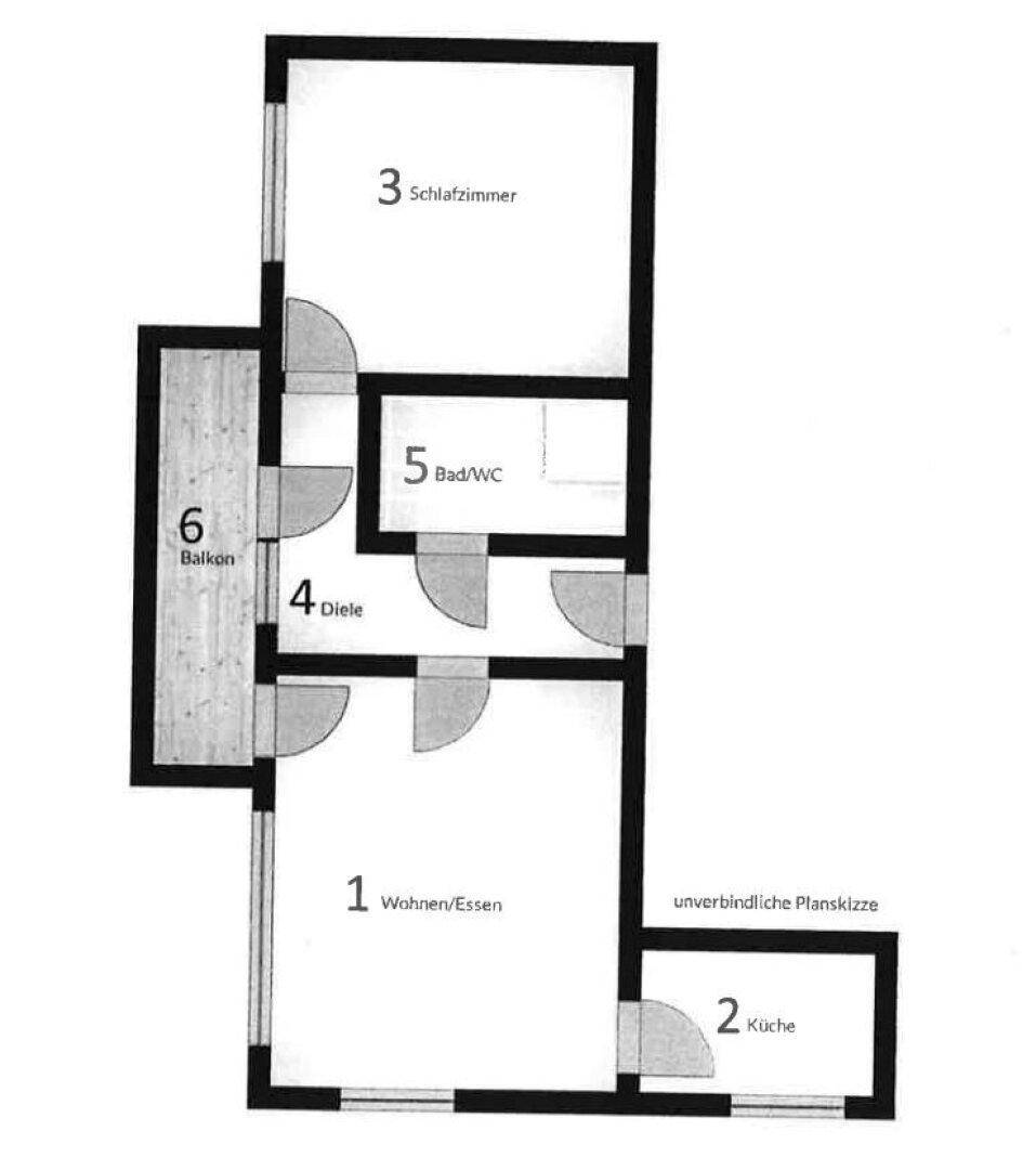 Grundriss der Wohnung mit Wohn-/Essbereich, Küche, Schlafzimmer, Diele, Bad/WC und Balkon.