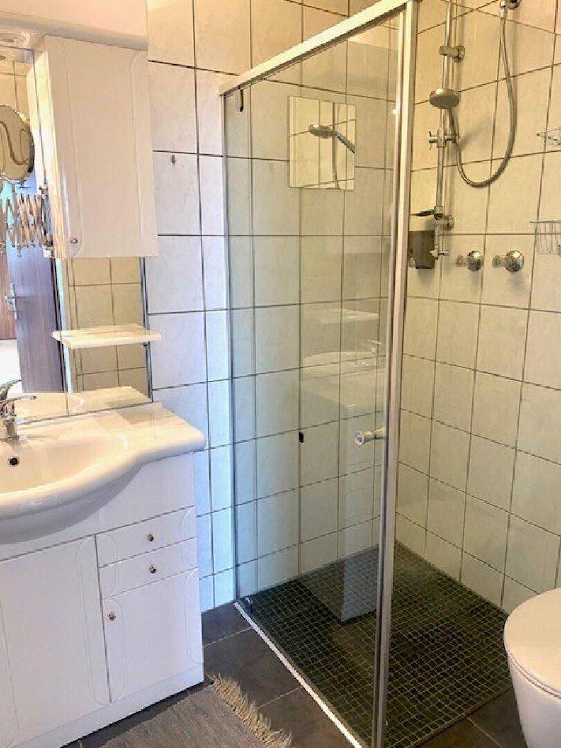 Badezimmer mit Waschbecken, Spiegelschrank und einer Duschkabine mit Glaswand.