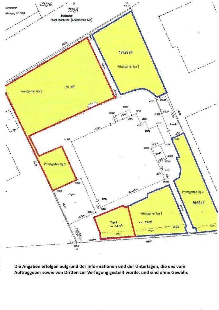 Lageplan mit eingezeichneten privaten Gartenbereichen und Grundstücksgrenzen.