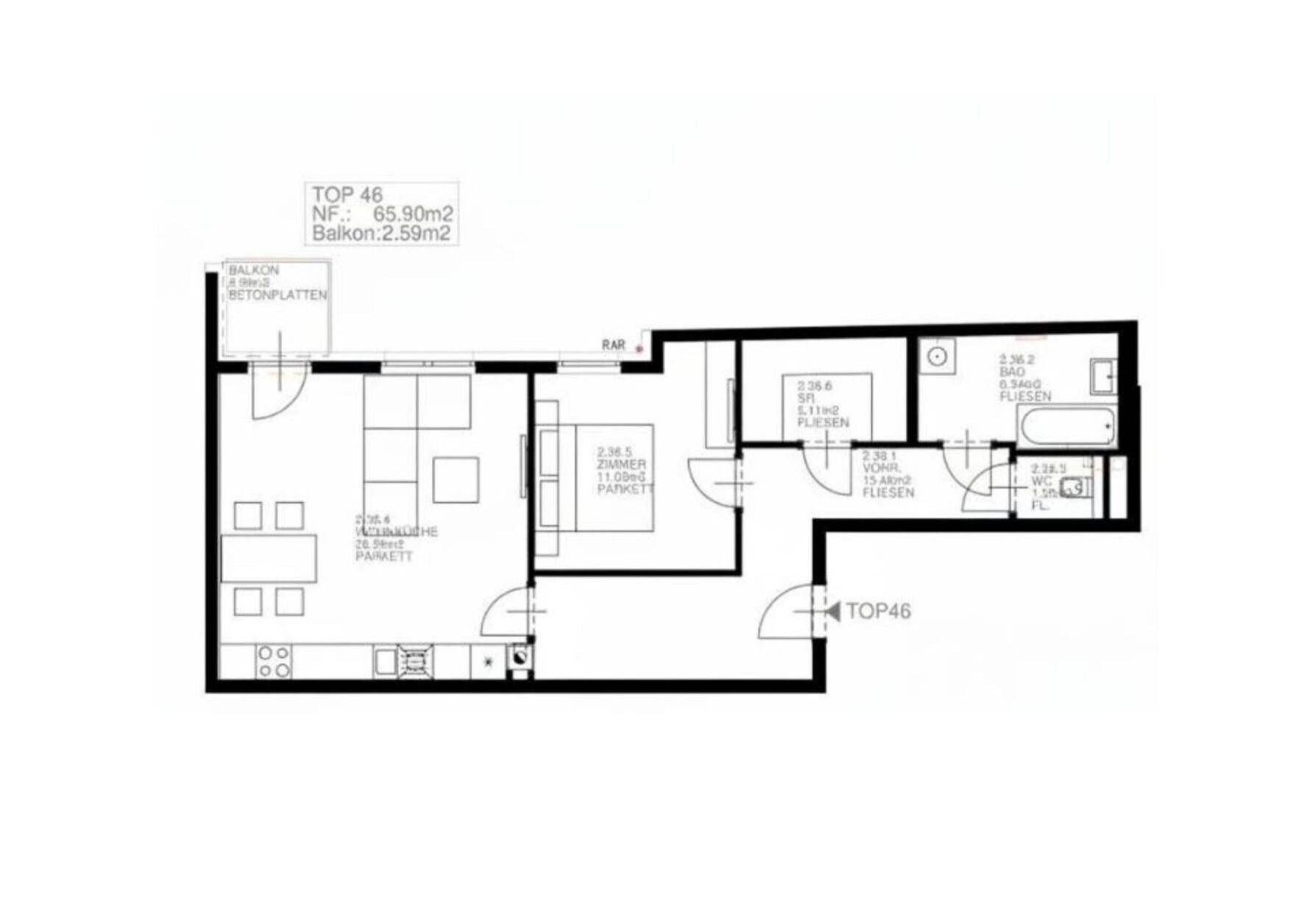 Grundriss der Wohnung Top 46 mit 65,90 m² und Balkon.