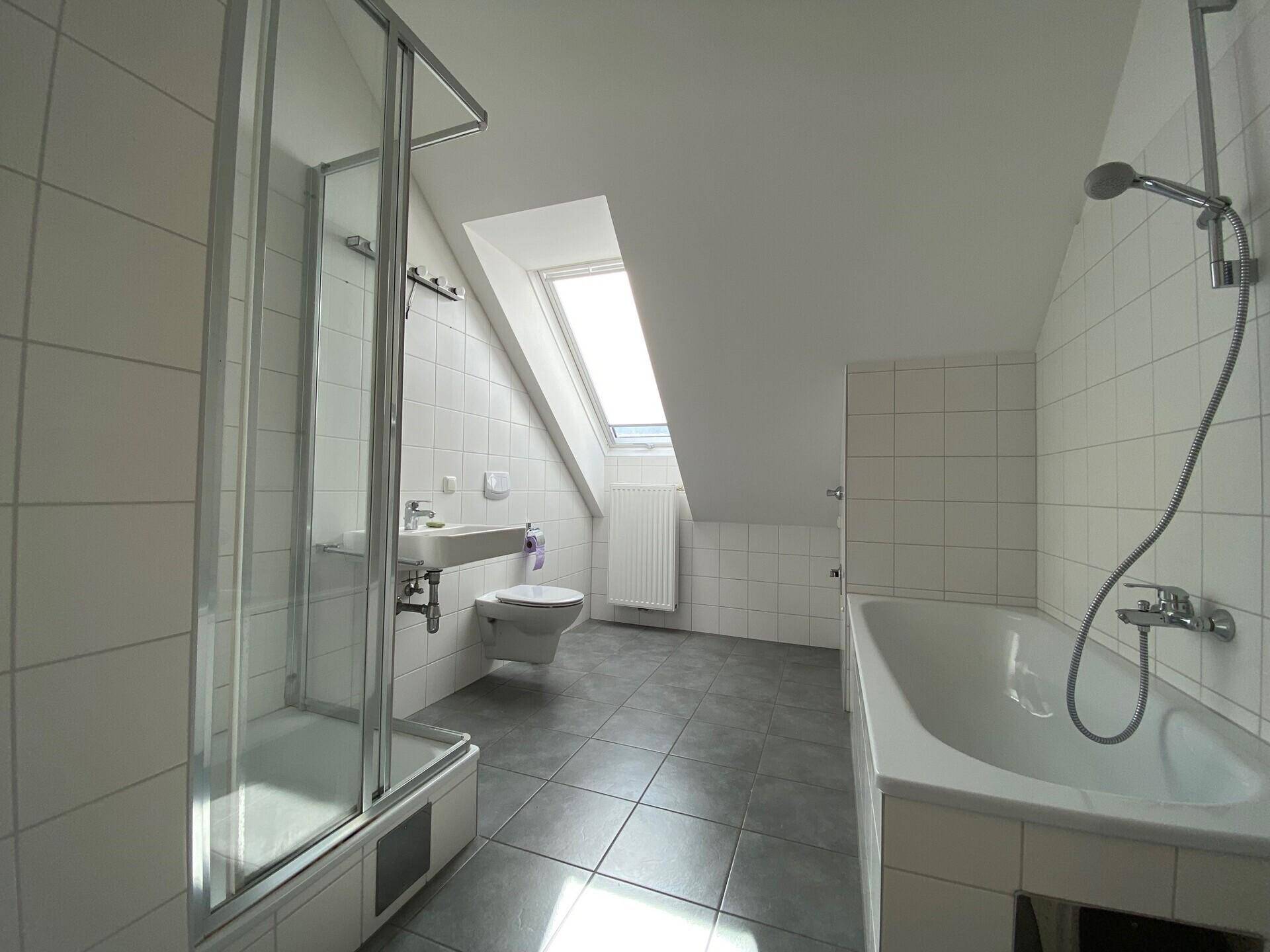 Modernes Badezimmer mit Dusche, Badewanne, WC und Dachfenster für natürliches Licht.