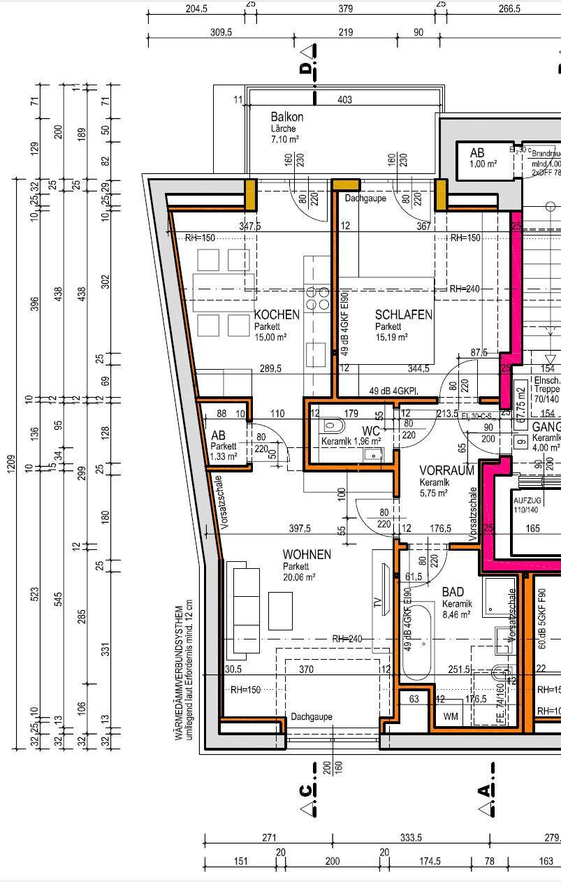 Detaillierter Grundriss einer Wohnung mit Balkon, Schlafzimmern und offenem Wohnbereich.