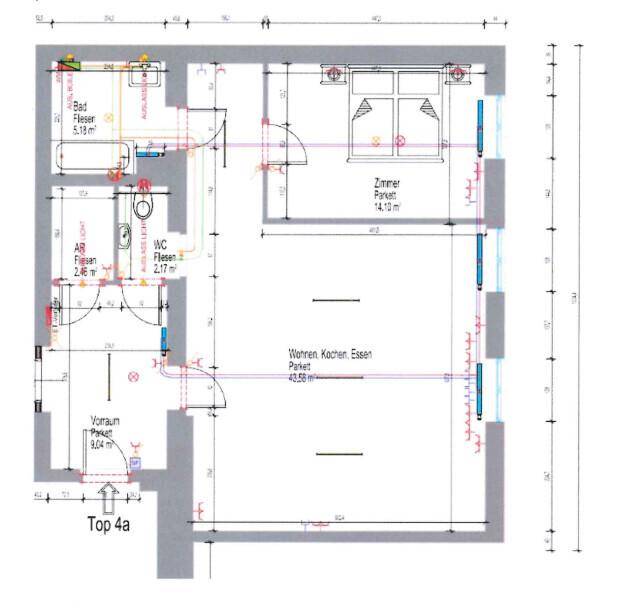 Grundriss der Wohnung mit offenem Wohnbereich, Schlafzimmer, Bad und separatem WC.